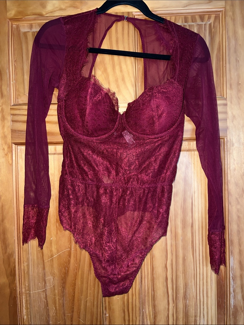 Victoria's Secret Burgundy Lace & Mesh Long Sleeve Bodysuit [36C] - Picture 2 of 11